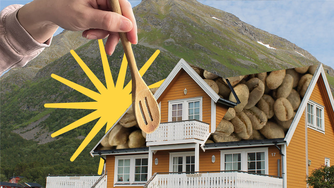 A collage of a house with a green coffee roof, a sunburst, and a hand holding a wooden spoon, set against a green mountain.