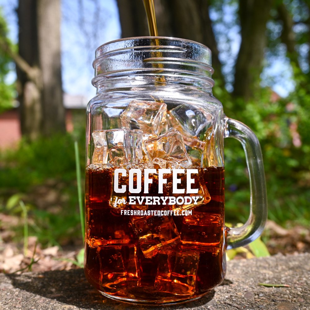 Fresh Roasted Coffee Dark & Bold Frostbite Cold Brew poured over ice, bold flavor with hints of hazelnut and cocoa.