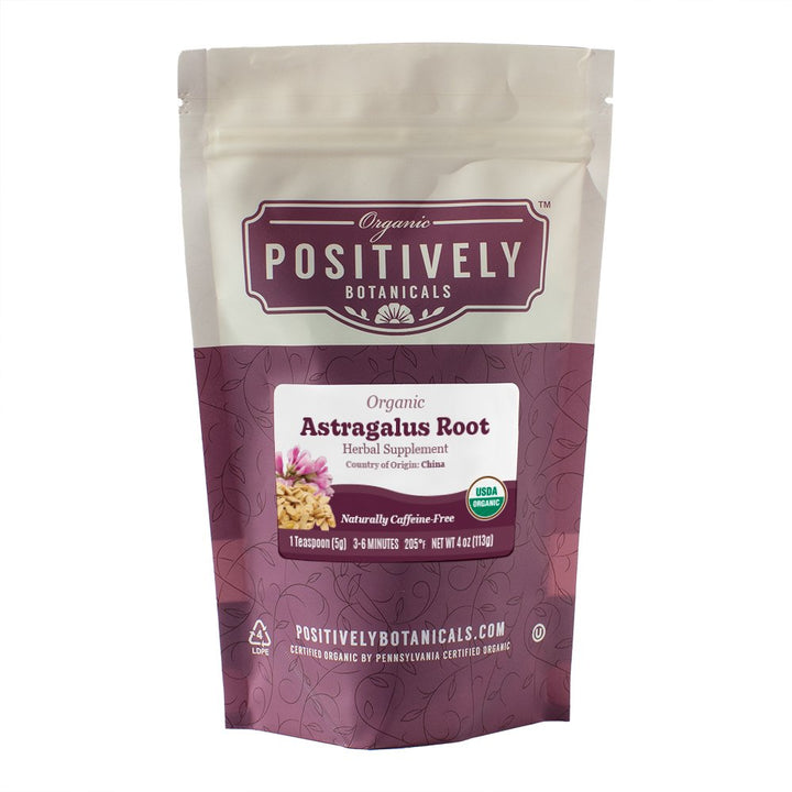 Positively Botanicals Organic Astragalus Root herbal supplement, 4 oz resealable bag, naturally caffeine-free and rich in plant nutrients.