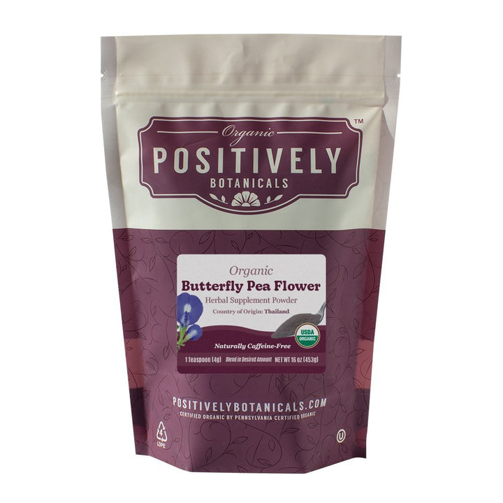 Positively Botanicals Organic Butterfly Pea Flower herbal supplement powder, 16 oz bulk bag, ideal for vibrant nutrient-packed drinks and recipes.