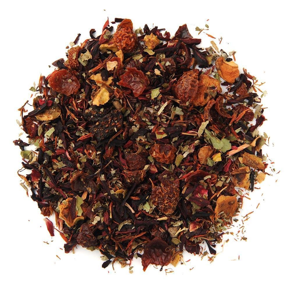 Organic Very Berry Citrus loose leaf herbal tea blend, featuring hibiscus, berries, and citrus peel for a fruity, refreshing flavor.