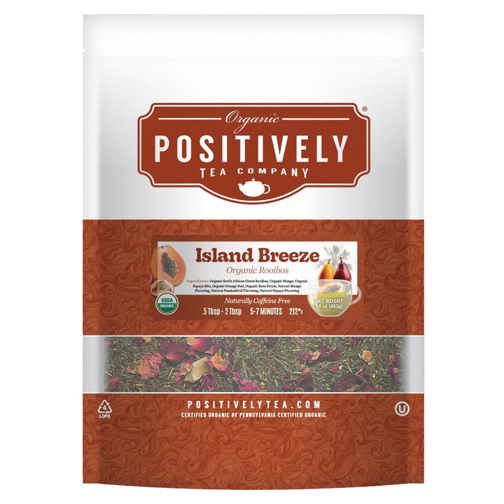 Positively Tea Company Island Breeze Rooibos tea, 1lb bulk bag with a tropical fruit infusion of mango, papaya, and citrus notes.