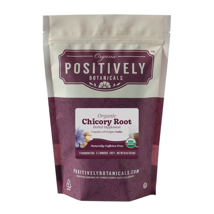 Positively Botanicals Organic Chicory Root herbal supplement, bulk 1 lb bag, rich roasted flavor, perfect as a coffee alternative.