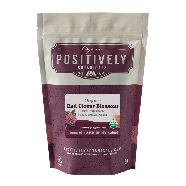 Positively Botanicals Organic Red Clover Blossom herbal supplement, 16 oz bulk bag, ideal for daily herbal health routines.