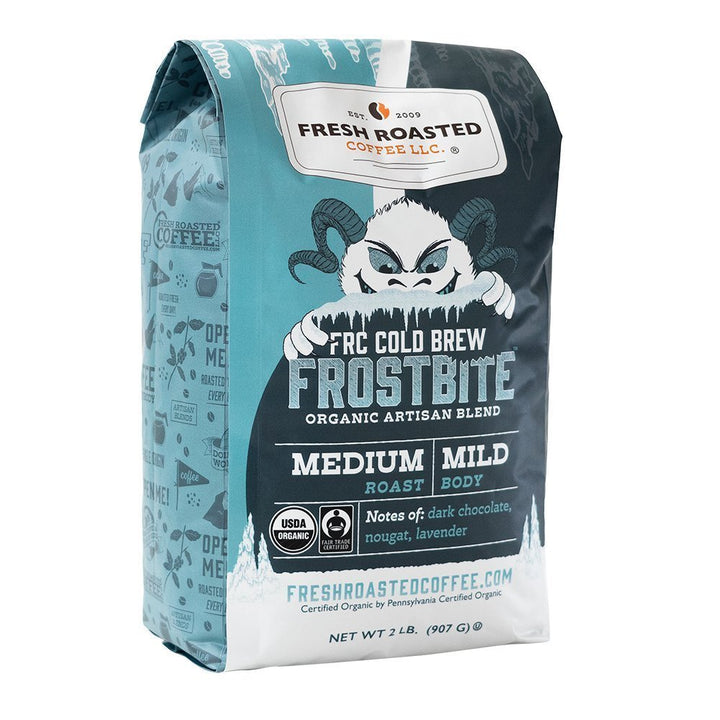 Fresh Roasted Coffee Frostbite Cold Brew, 2 lb bag, organic artisan blend with rich dark chocolate and lavender notes.