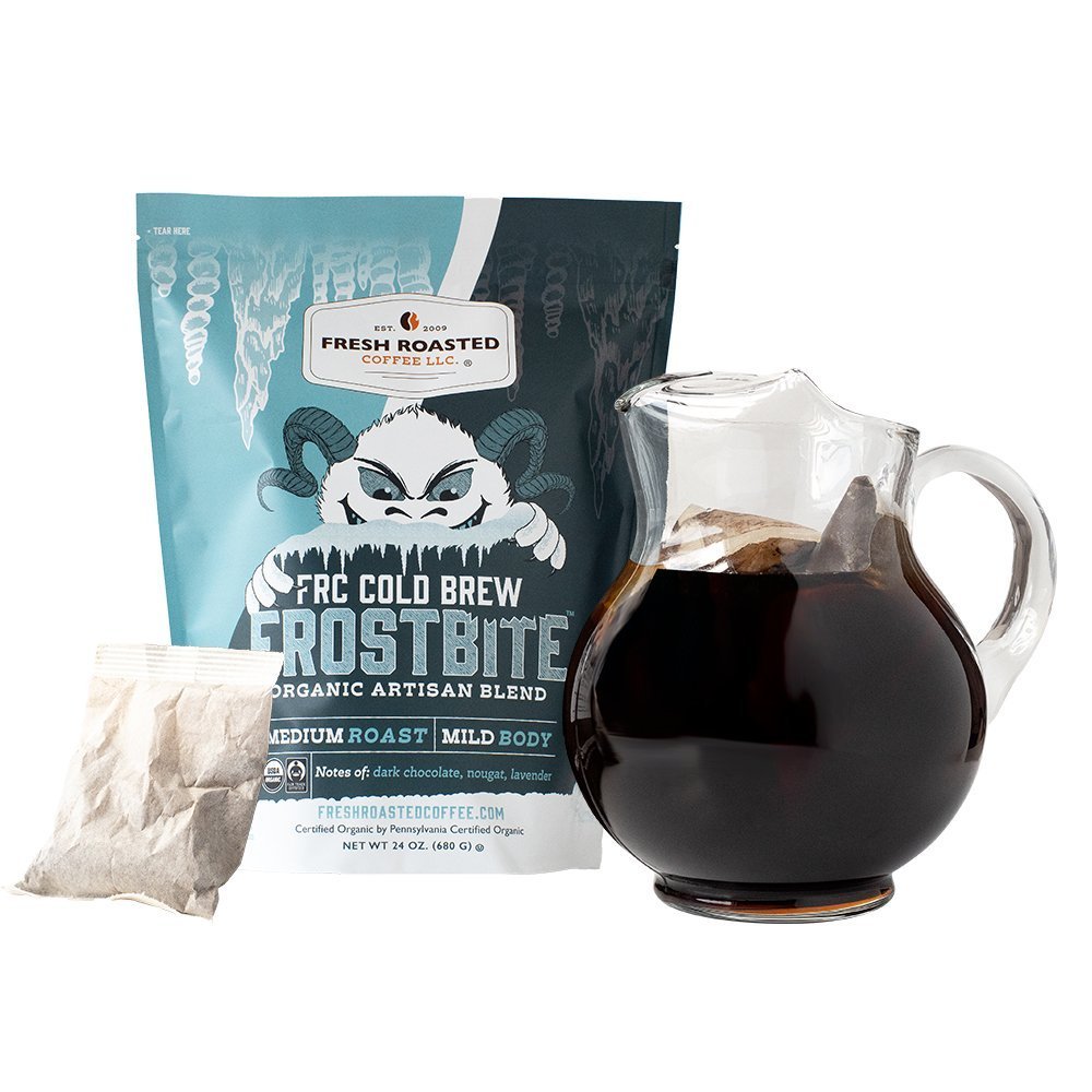 Fresh Roasted Coffee Frostbite Cold Brew with brew bags and glass pitcher, medium roast with mild body and dark chocolate notes.