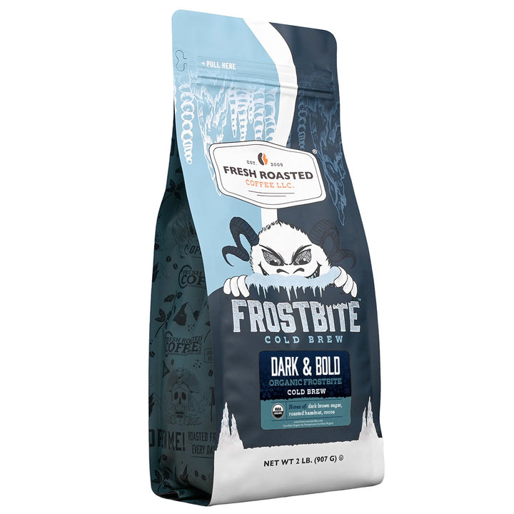 Fresh Roasted Coffee Dark & Bold Organic Frostbite Cold Brew, 2lb bag of medium roast coffee with dark brown sugar and roasted hazelnut notes.