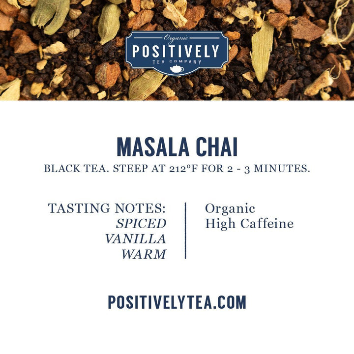Masala Chai Organic Black Tea tasting notes and brewing instructions, featuring spiced, vanilla, and warm flavors.