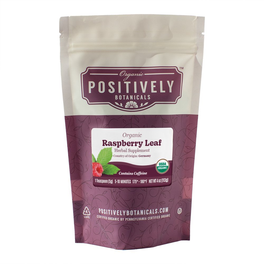 Positively Botanicals Organic Raspberry Leaf herbal supplement, 4 oz resealable bag, naturally caffeine-free and rich in plant nutrients.