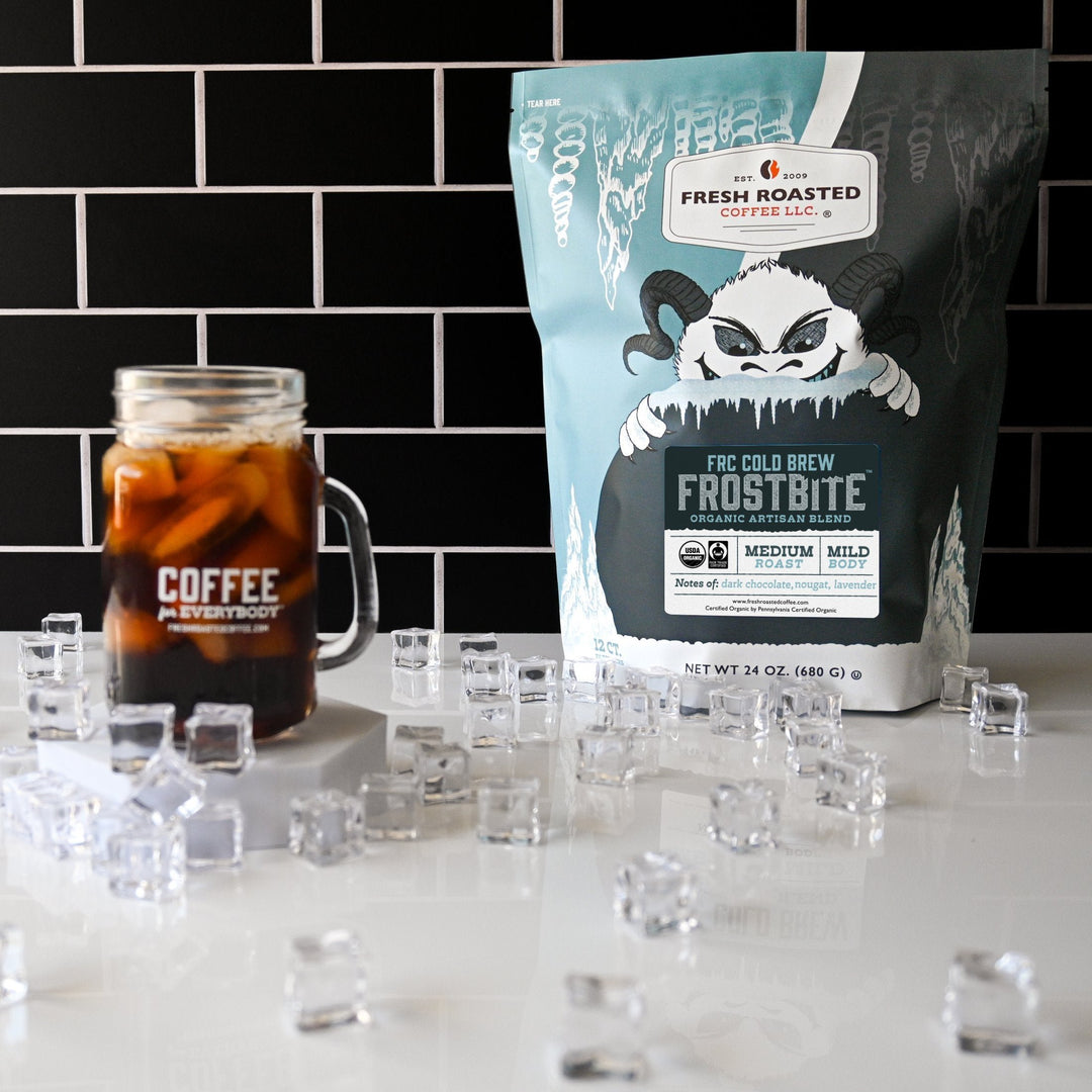 Glass of Fresh Roasted Coffee Frostbite Cold Brew on ice, medium roast with rich chocolate undertones.