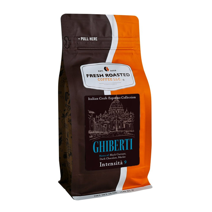 Fresh Roasted Coffee LLC Ghiberti espresso coffee beans, 12 oz bag, highlighting bold flavor notes of black currant, dark chocolate, and merlot with Intensity 9 roast.

