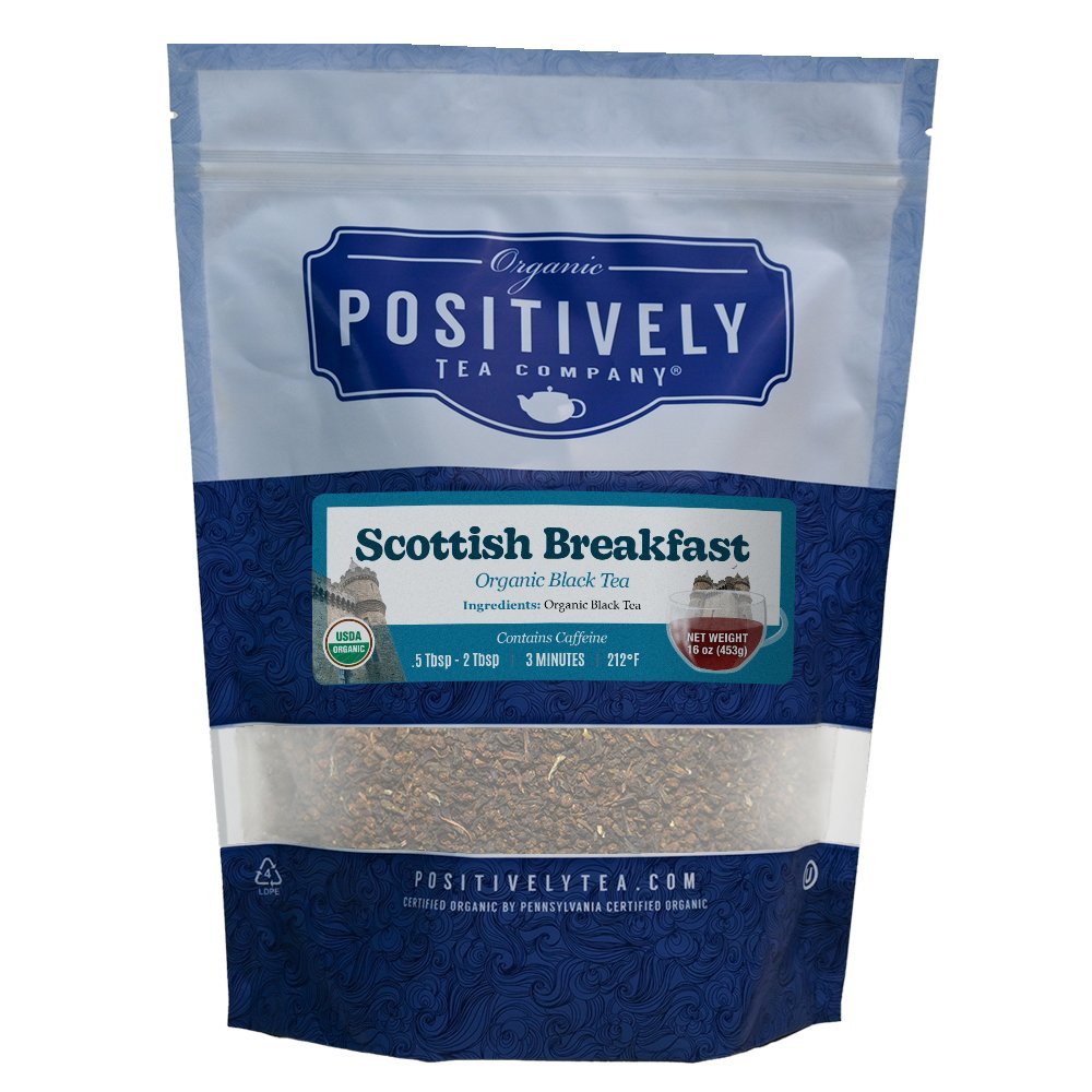 Positively Tea Company Scottish Breakfast Organic Black Tea, 1 lb resealable bag, crafted for a strong, full-bodied cup.
