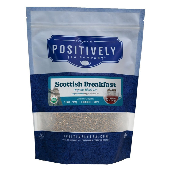 Positively Tea Company Scottish Breakfast Organic Black Tea, 1 lb resealable bag, crafted for a strong, full-bodied cup.