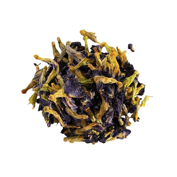 Positively Botanicals Organic Butterfly Pea Flower herbal supplement, showcasing whole dried flowers with vibrant blue and green hues.