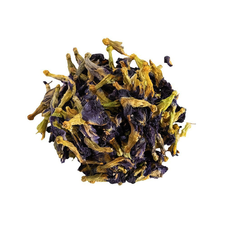 Positively Botanicals Organic Butterfly Pea Flower herbal supplement, showcasing whole dried flowers with vibrant blue and green hues.