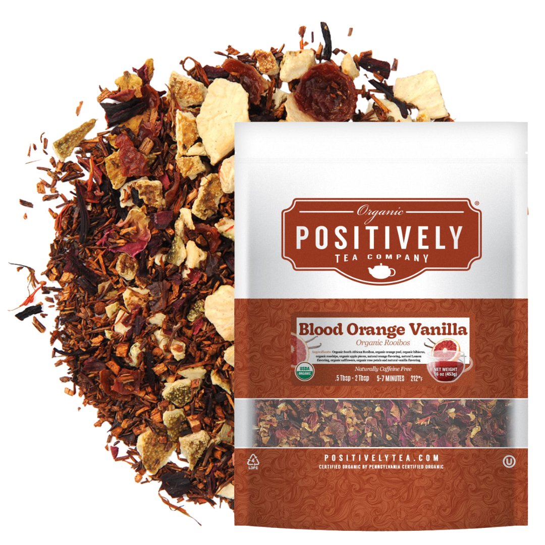 Positively Tea Company Blood Orange Vanilla Rooibos tea, 16oz bag, displayed with loose leaf blend highlighting sweet citrus and smooth vanilla flavor.