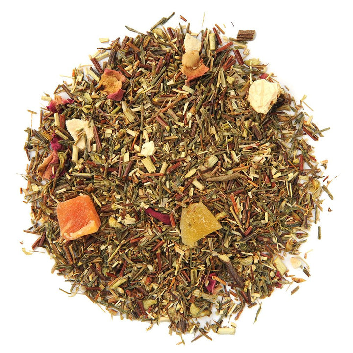 Positively Tea Company Island Breeze Rooibos loose leaf tea blend with organic mango and papaya pieces, offering a fruity tropical aroma.
