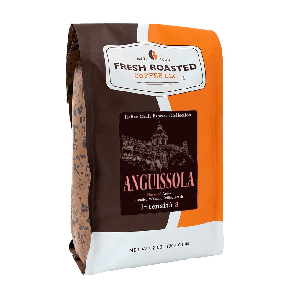 Fresh Roasted Coffee Anguissola espresso beans, 2-pound bag, crafted with a bold, fruity, and nutty Italian espresso profile.