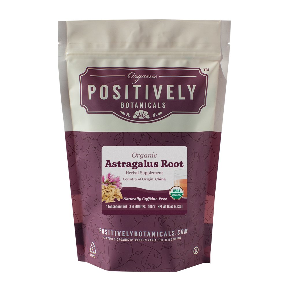 Positively Botanicals Organic Astragalus Root herbal supplement, 16 oz bulk bag, ideal for daily herbal wellness routines.