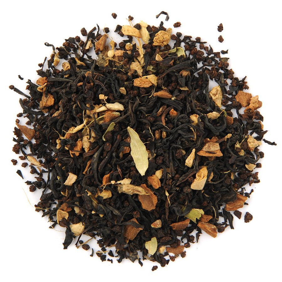 Organic Masala Chai loose leaf black tea blend with spices, featuring warm vanilla and cinnamon notes.
