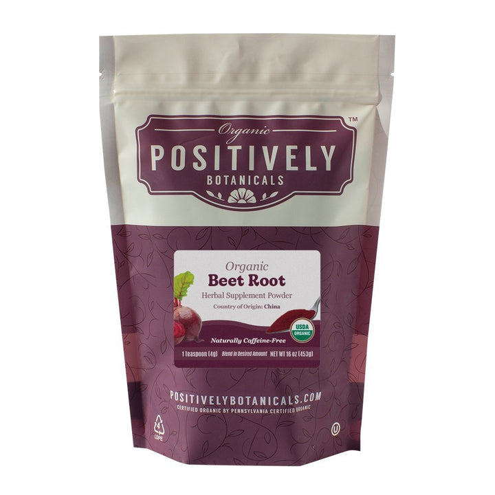 Positively Botanicals Organic Beet Root powder, 1 lb bulk bag, nutrient-rich and naturally caffeine-free for daily wellness.