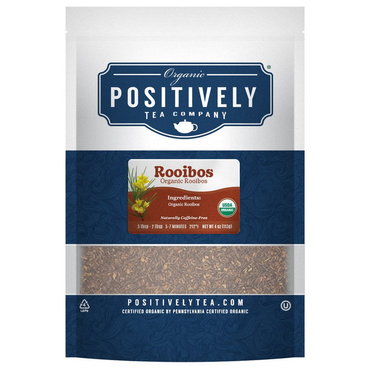 Positively Tea Company Organic Rooibos tea, 4oz bag of premium South African red bush tea with smooth, mild flavor notes.