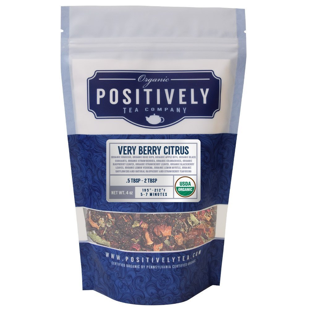 Positively Tea Company Very Berry Citrus Organic Herbal Tea, 4 oz resealable bag with bright berry and citrus flavor blend.