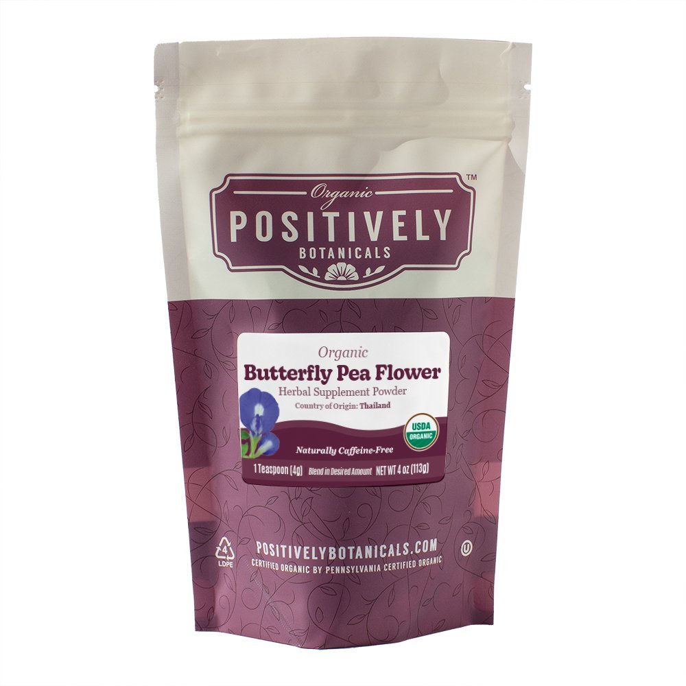 Positively Botanicals Organic Butterfly Pea Flower herbal supplement powder, 4 oz resealable bag, naturally caffeine-free and antioxidant-rich.