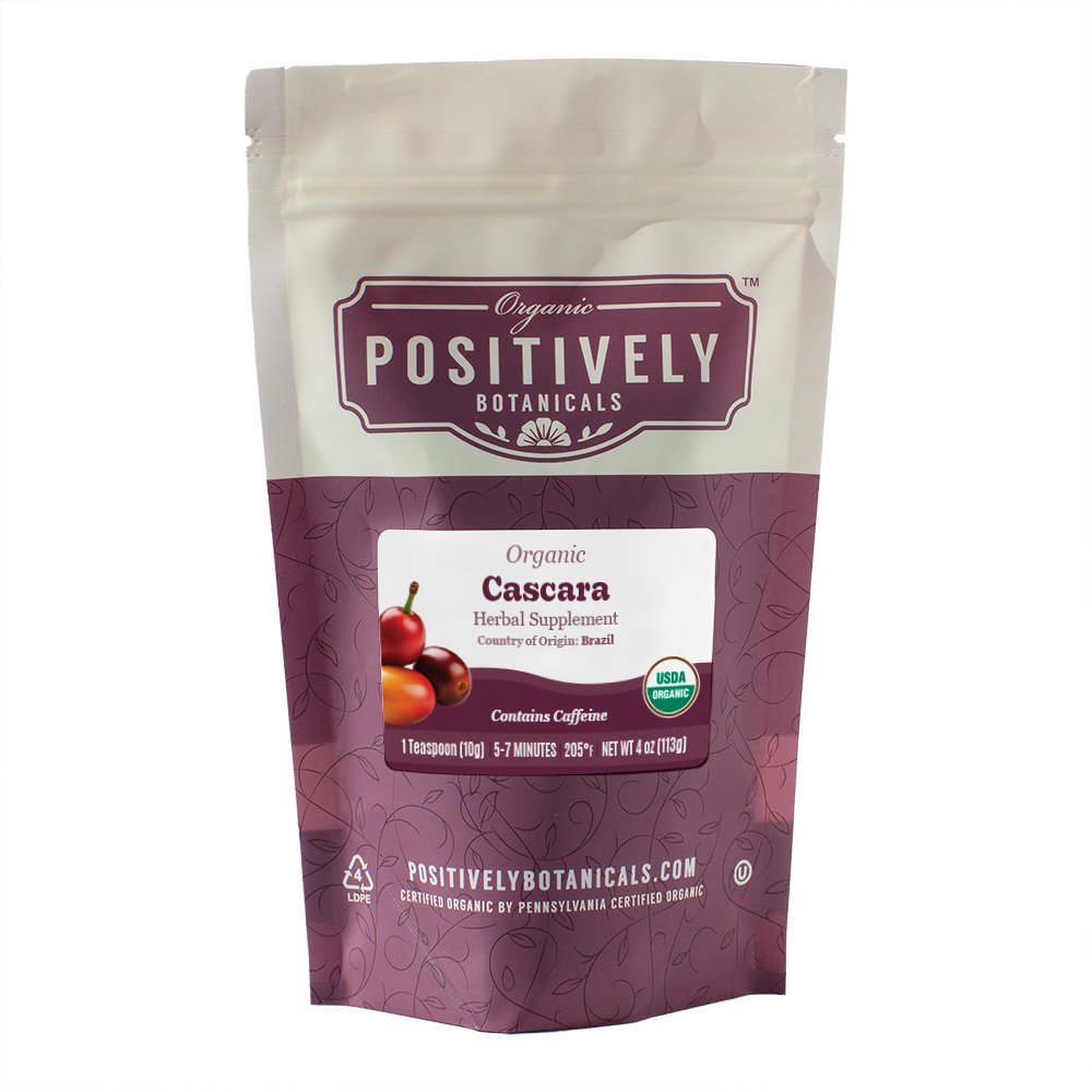 Positively Botanicals Organic Cascara herbal supplement, 4 oz resealable bag, naturally energizing with mild fruity notes.