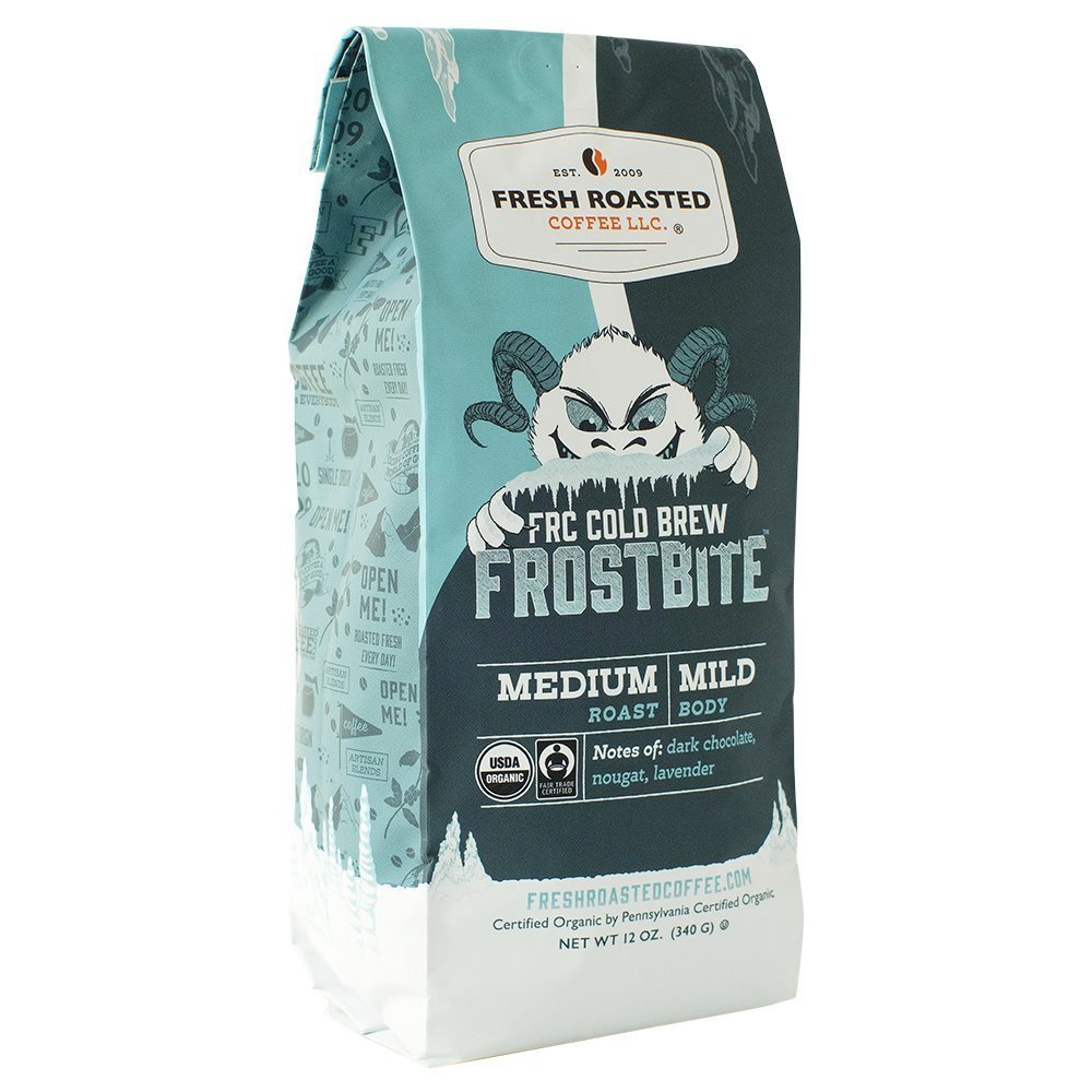 Fresh Roasted Coffee Frostbite Cold Brew, 12 oz bag, medium roast with dark chocolate, nougat, and lavender notes.