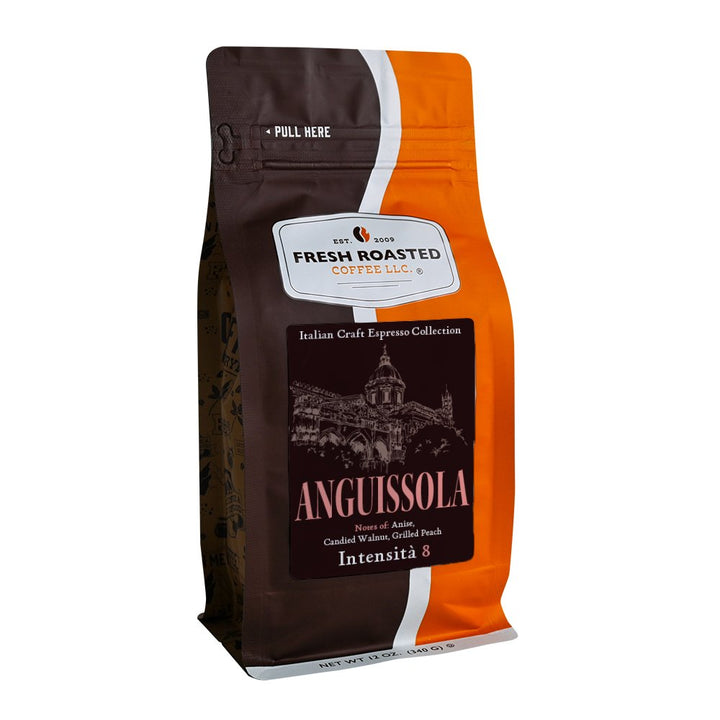 Fresh Roasted Coffee Anguissola espresso beans, 12-ounce bag, Italian Craft Espresso Collection with notes of anise, candied walnut, and grilled peach.